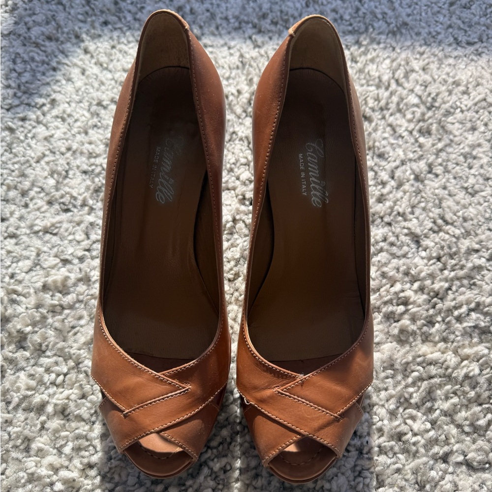 Brown Platform Pumps EU 38 Leather Peep Toe Heels Wedding Guest